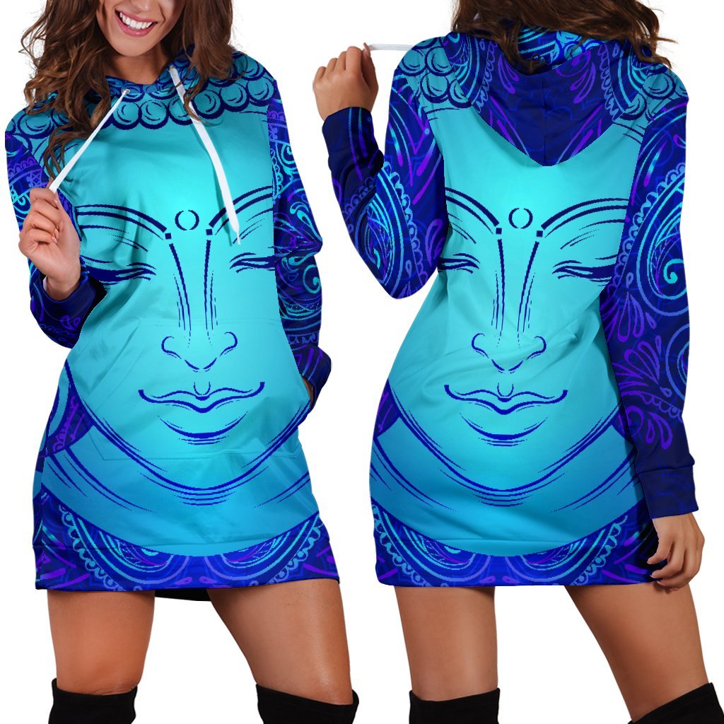 Blue Buddha Print Hoodie Dress GearFrost