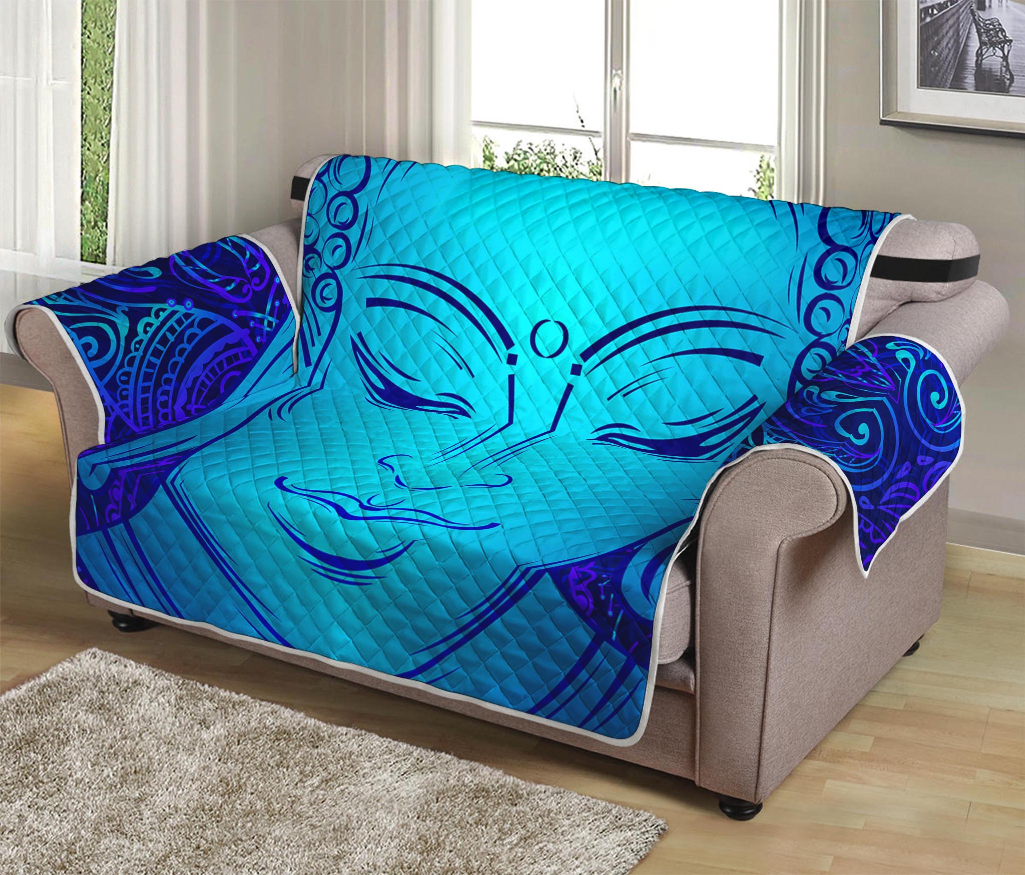 Blue Buddha Print Loveseat Protector