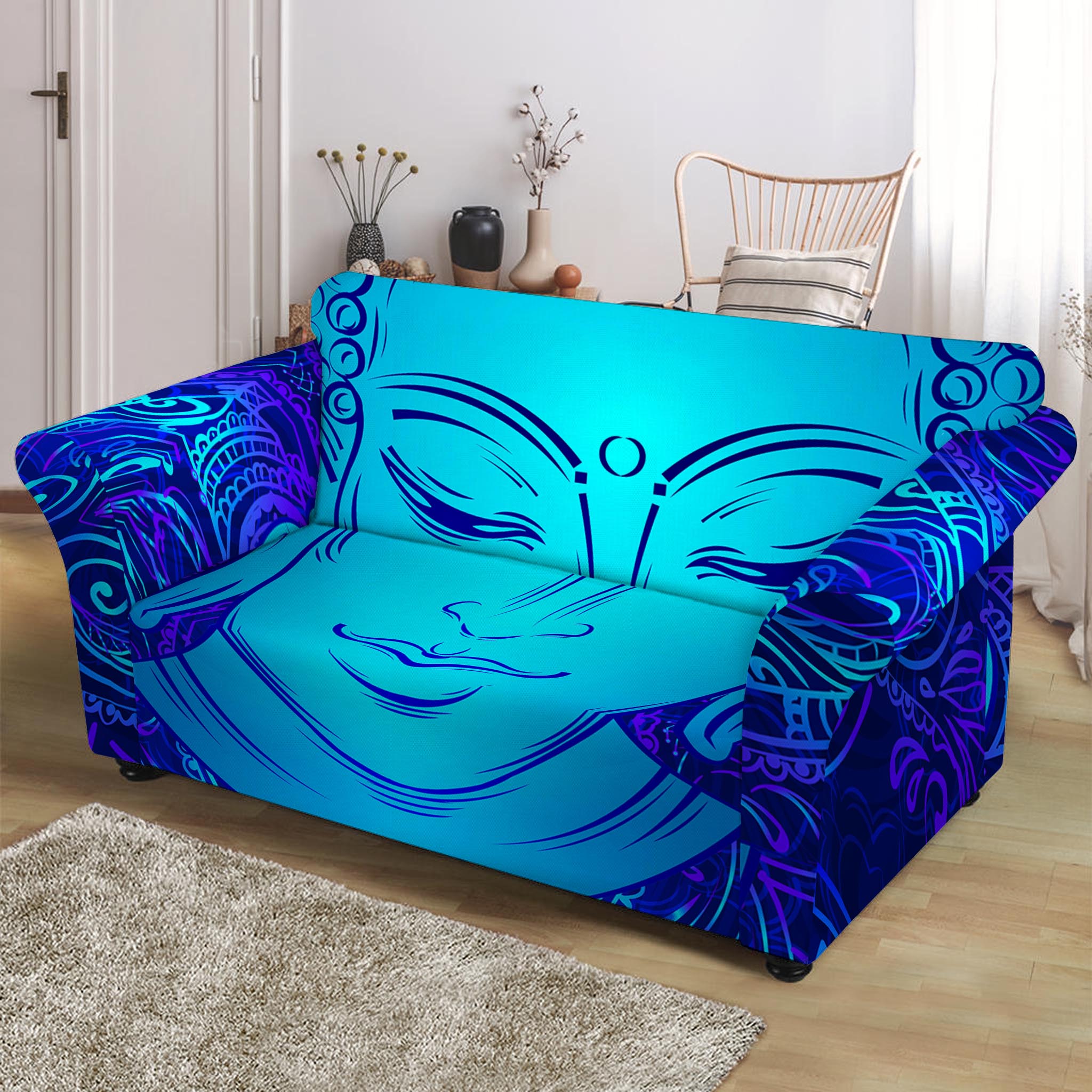 Blue Buddha Print Loveseat Slipcover