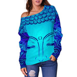 Blue Buddha Print Off Shoulder Sweatshirt GearFrost