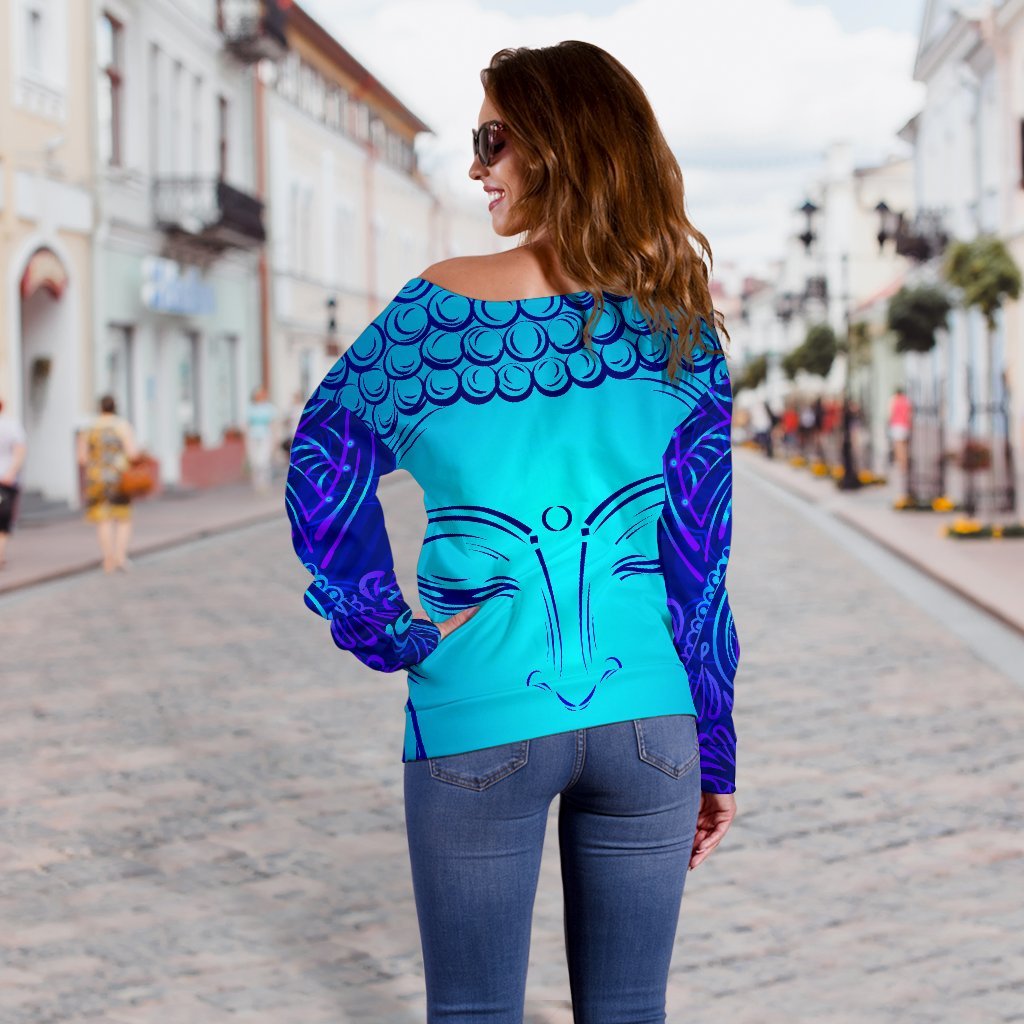 Blue Buddha Print Off Shoulder Sweatshirt GearFrost