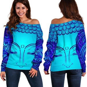 Blue Buddha Print Off Shoulder Sweatshirt GearFrost