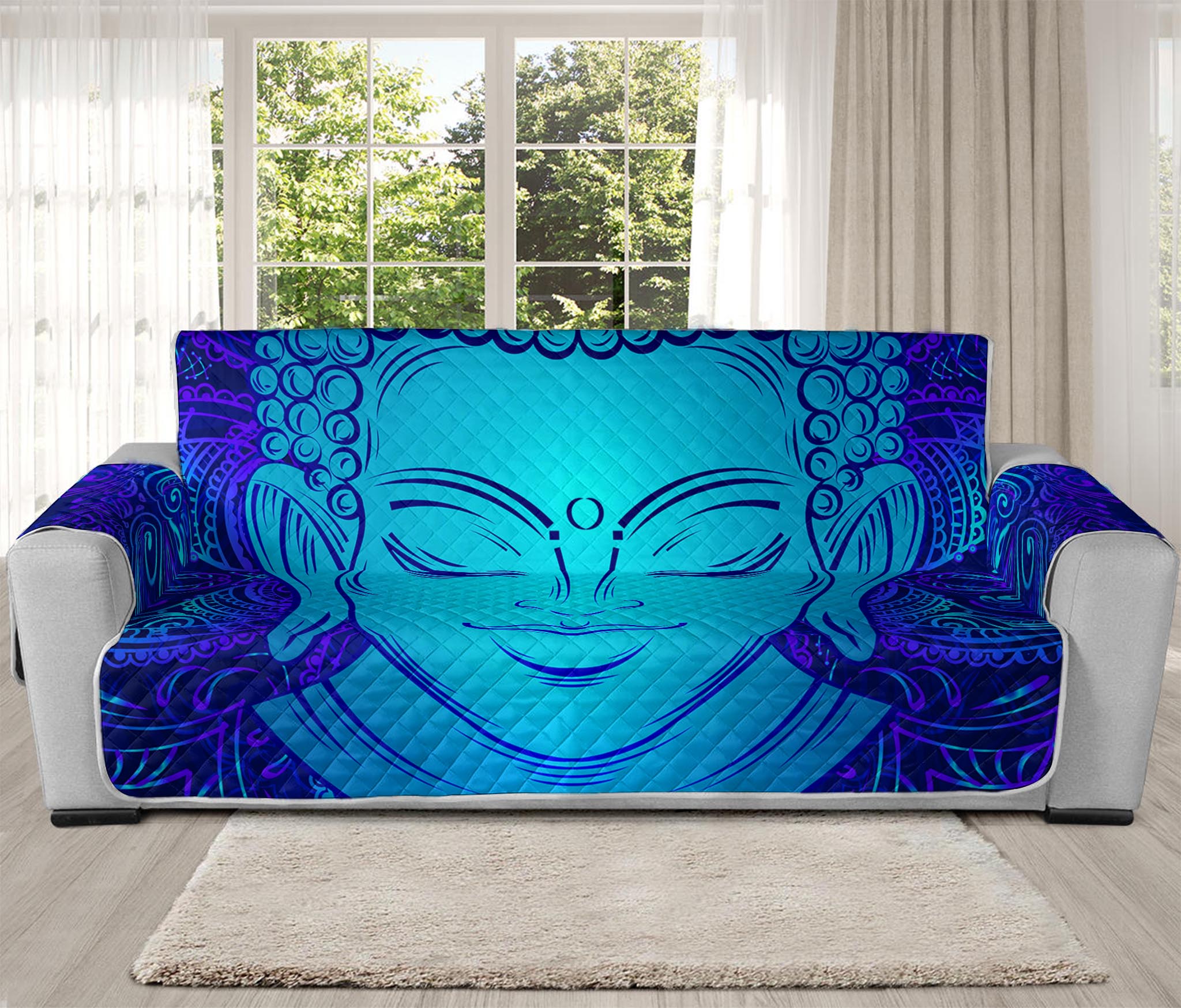 Blue Buddha Print Oversized Sofa Protector