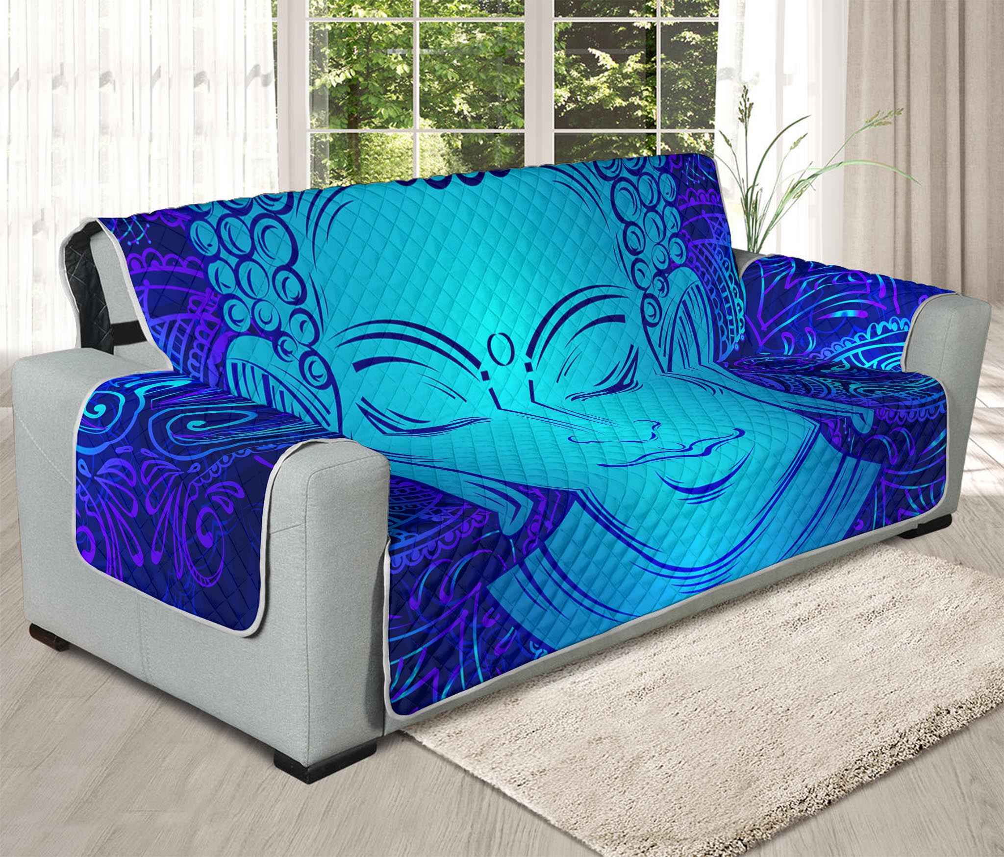 Blue Buddha Print Oversized Sofa Protector