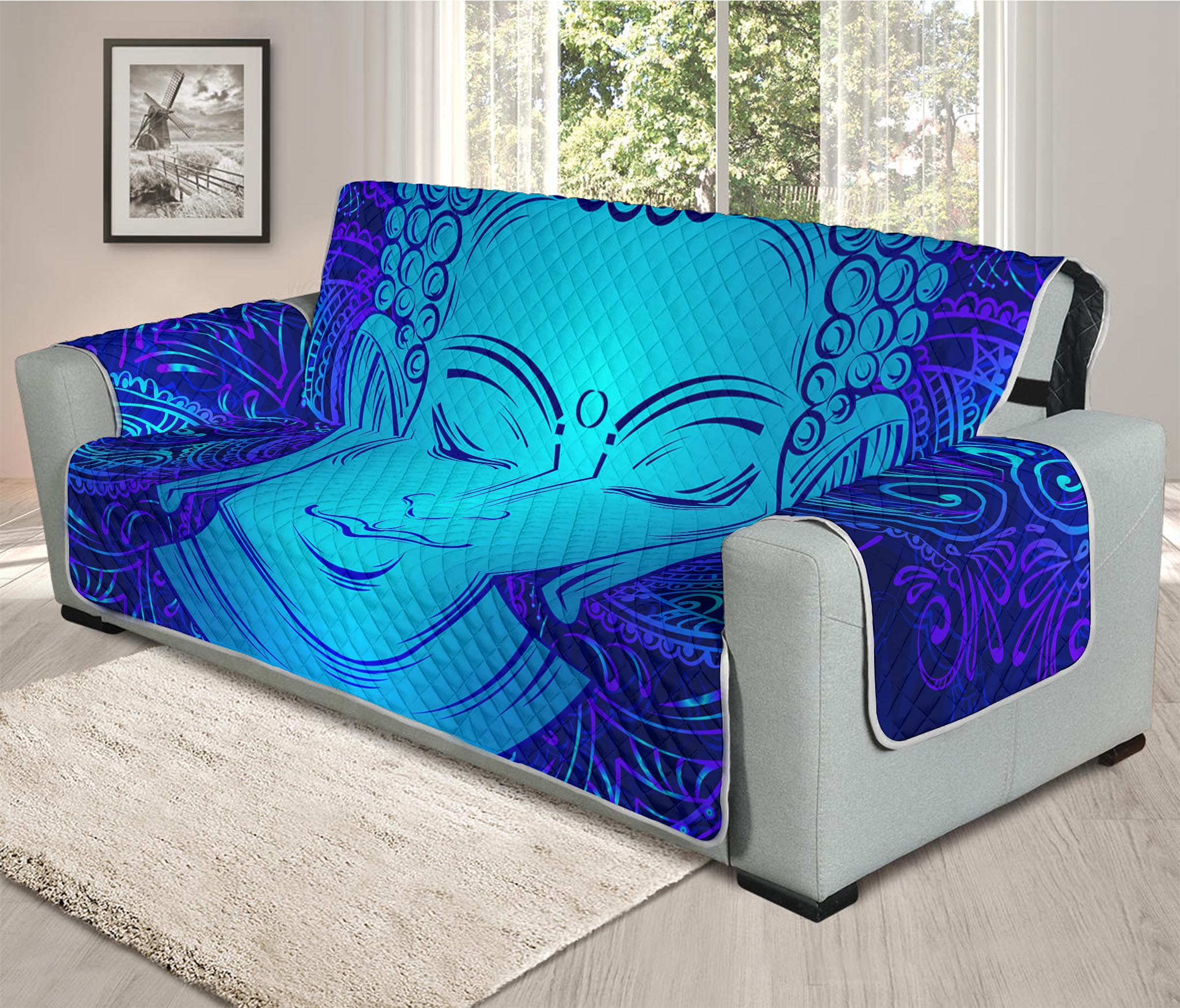 Blue Buddha Print Oversized Sofa Protector