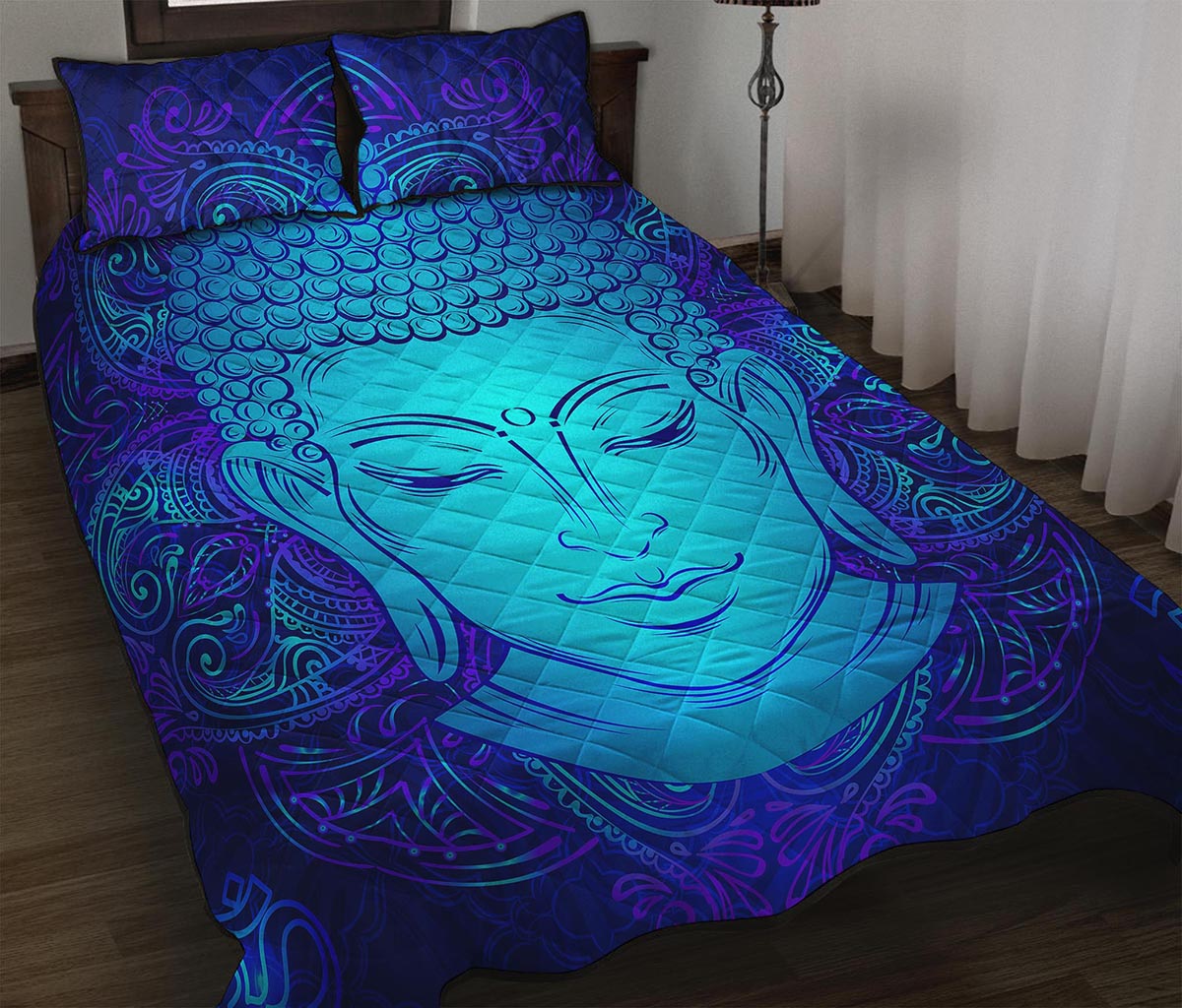 Blue Buddha Print Quilt Bed Set