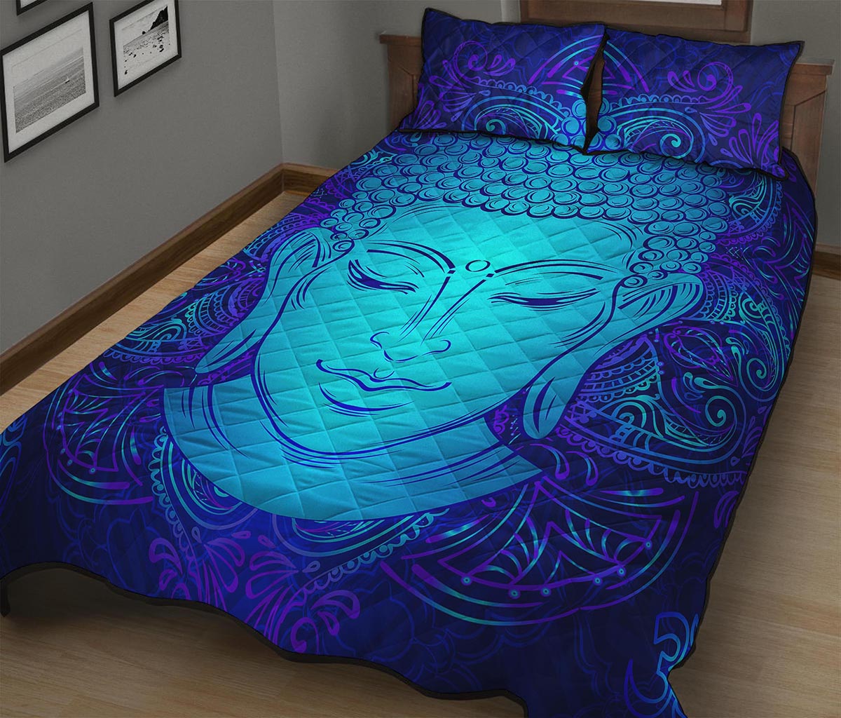 Blue Buddha Print Quilt Bed Set