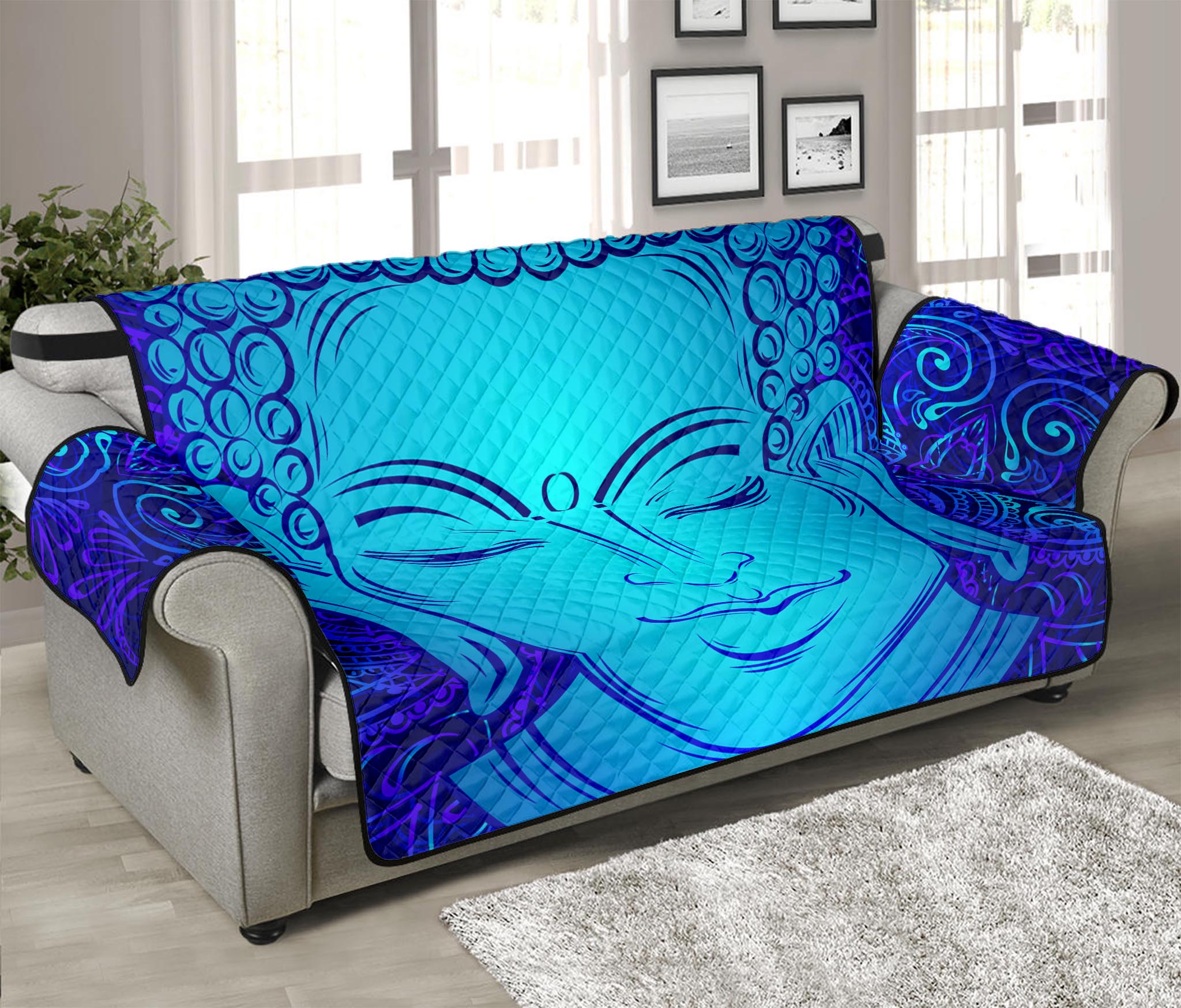 Blue Buddha Print Sofa Protector