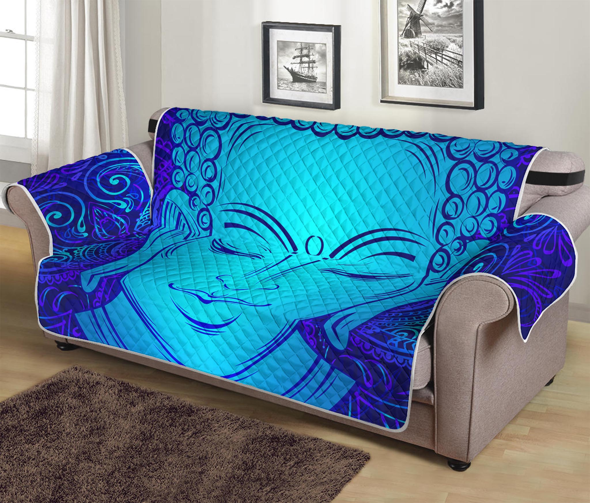 Blue Buddha Print Sofa Protector