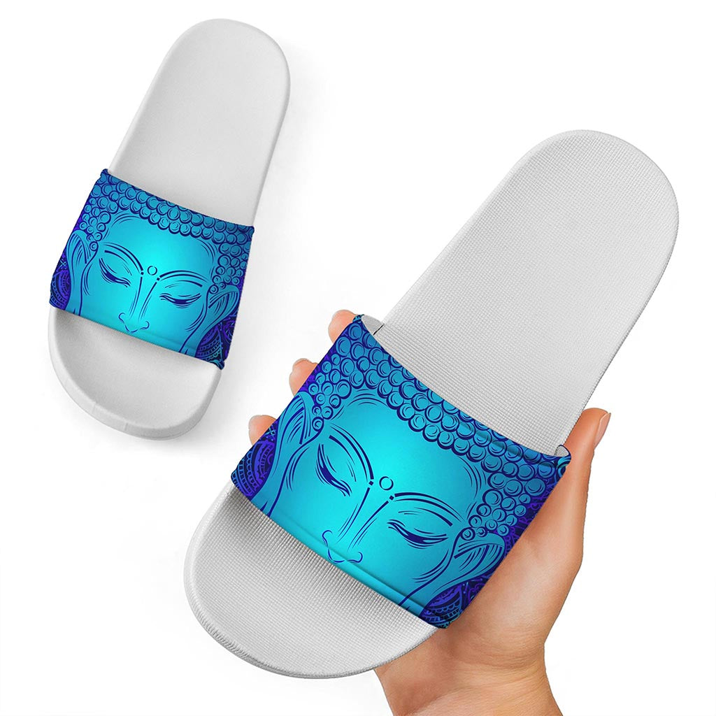 Blue Buddha Print White Slide Sandals