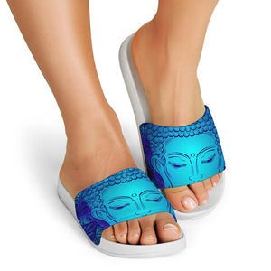 Blue Buddha Print White Slide Sandals