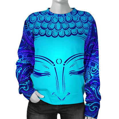 Blue Buddha Print Women's Crewneck Sweatshirt GearFrost