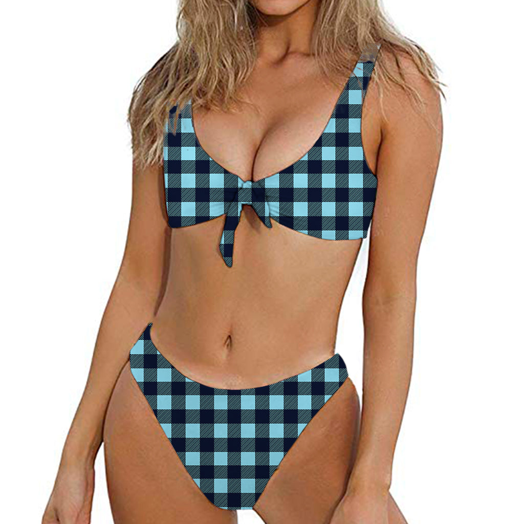 Blue Buffalo Check Pattern Print Front Bow Tie Bikini