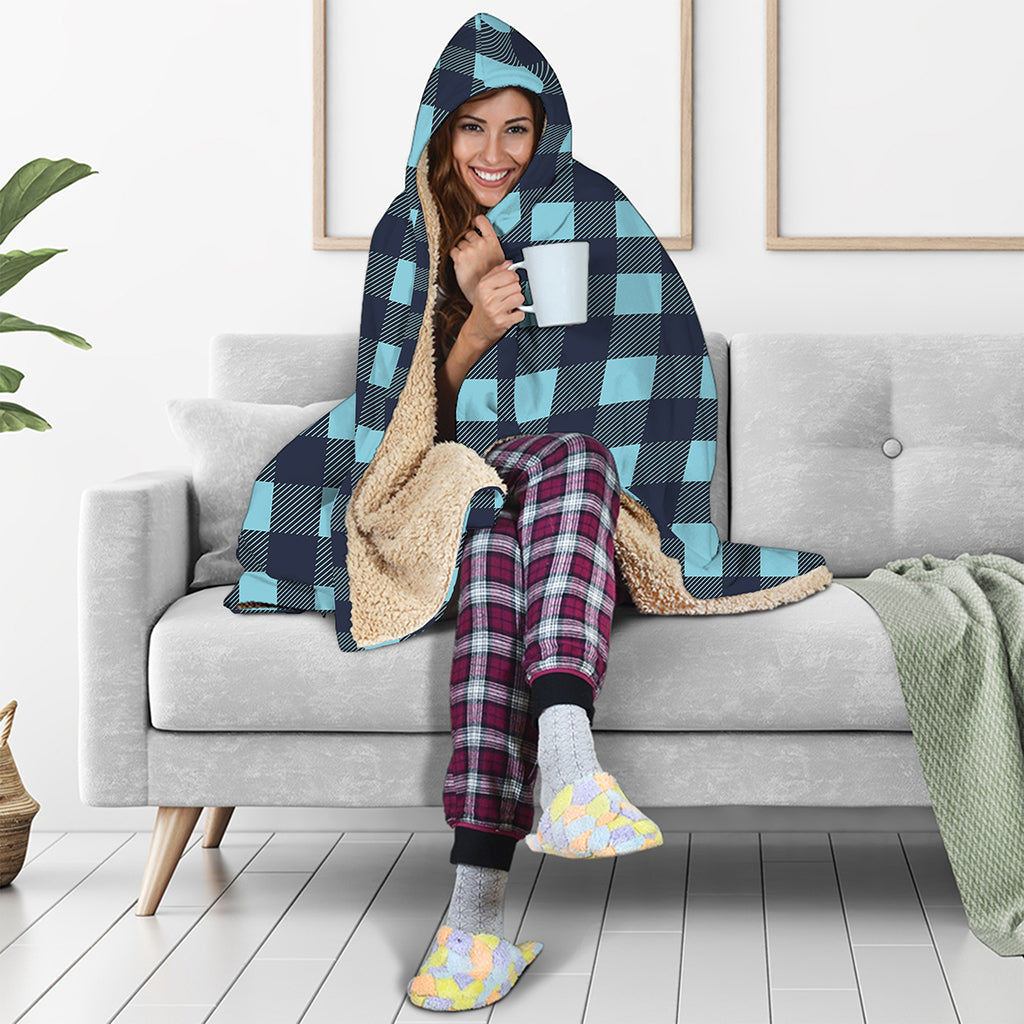 Blue Buffalo Check Pattern Print Hooded Blanket