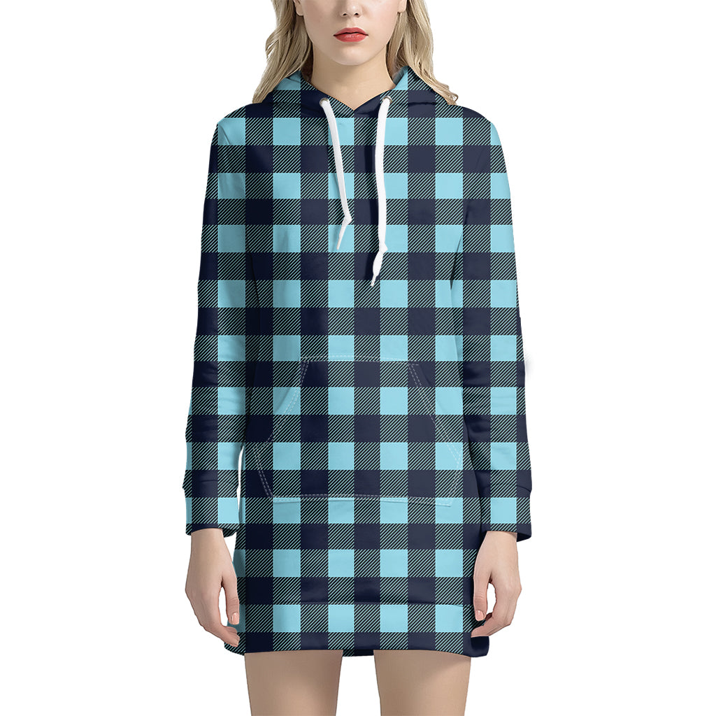 Blue Buffalo Check Pattern Print Hoodie Dress