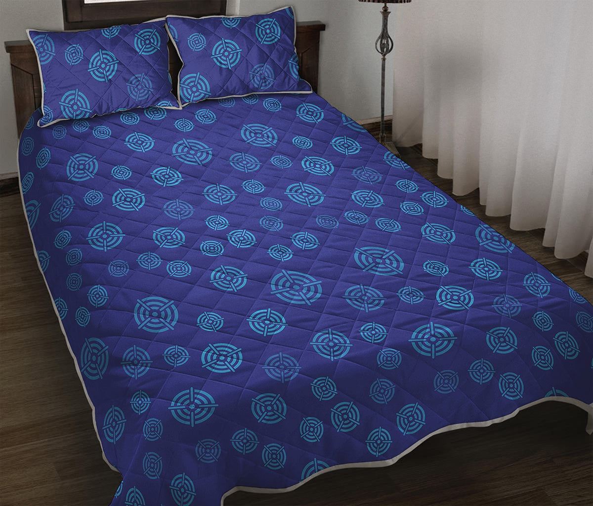 Blue Bullseye Target Pattern Print Quilt Bed Set