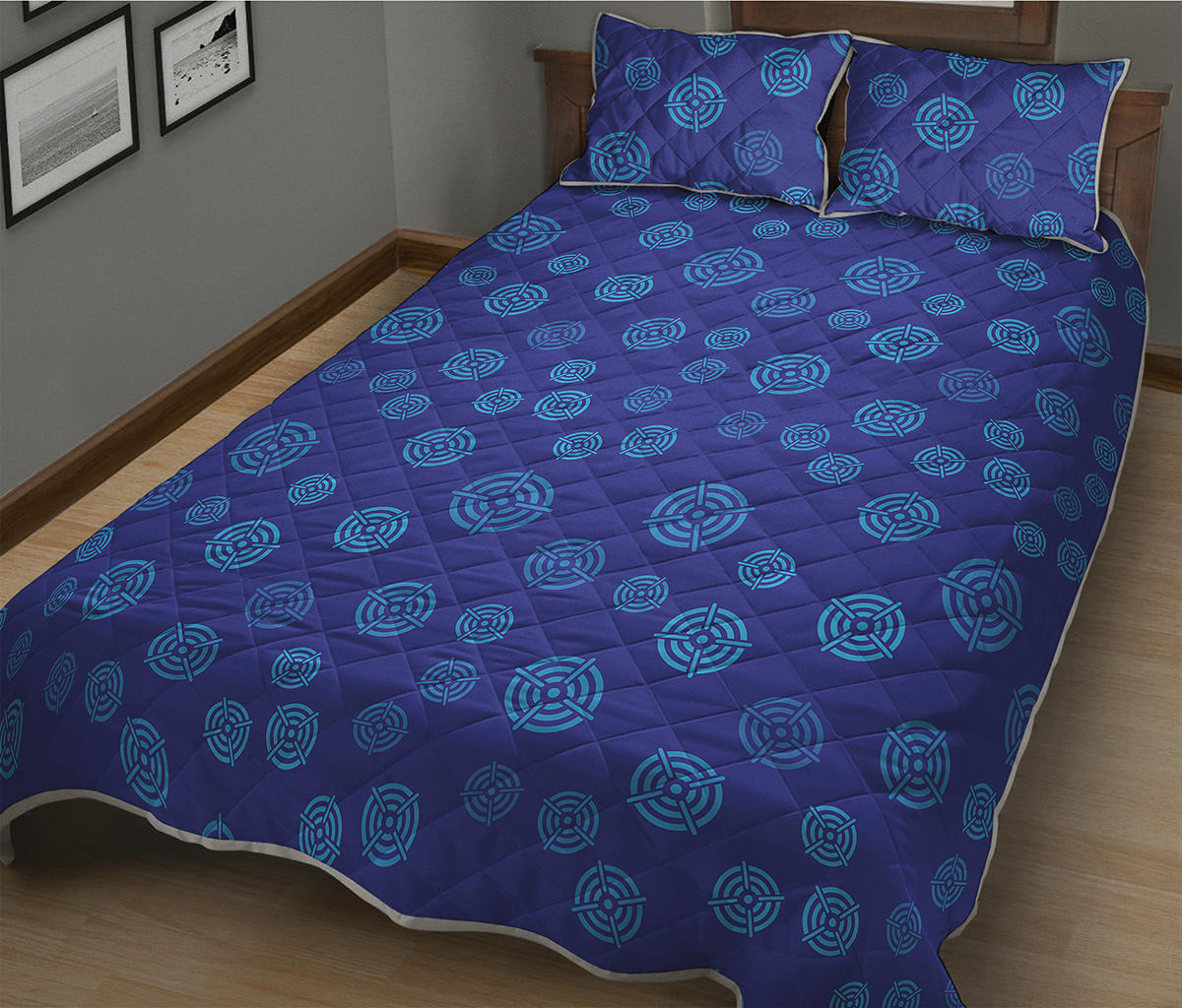 Blue Bullseye Target Pattern Print Quilt Bed Set