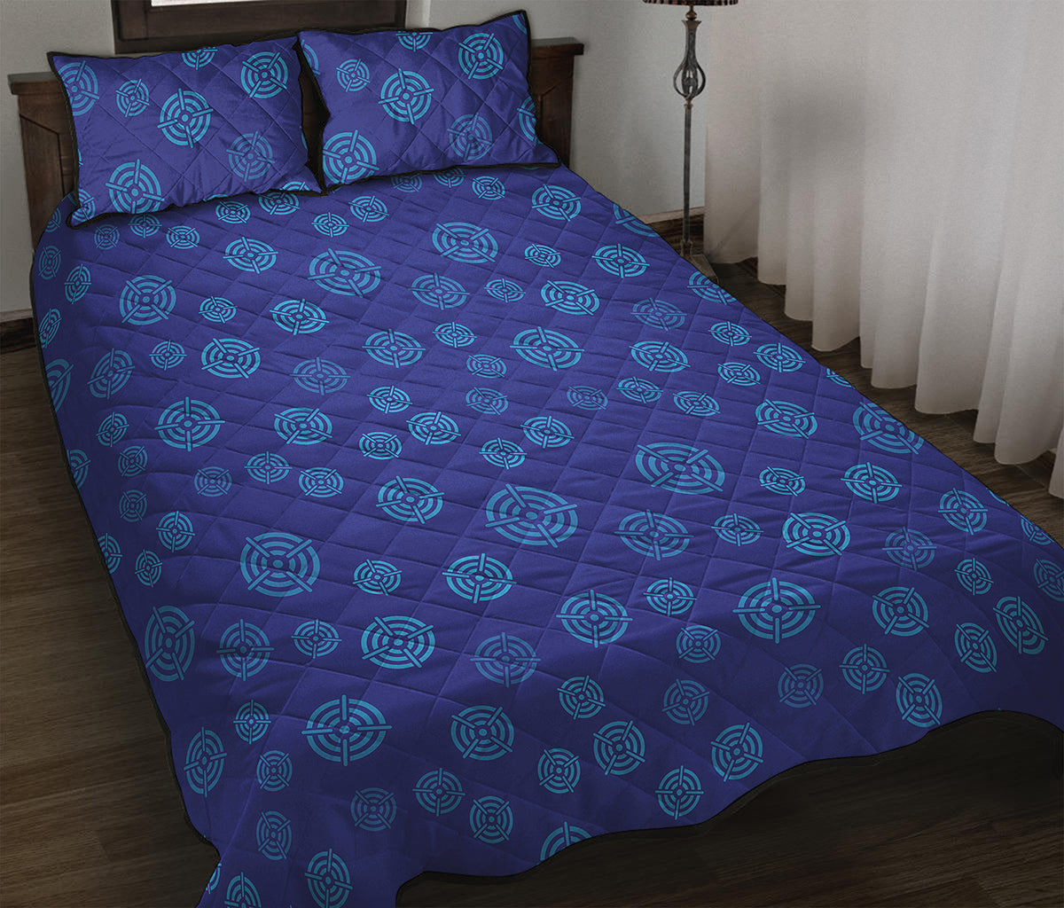 Blue Bullseye Target Pattern Print Quilt Bed Set