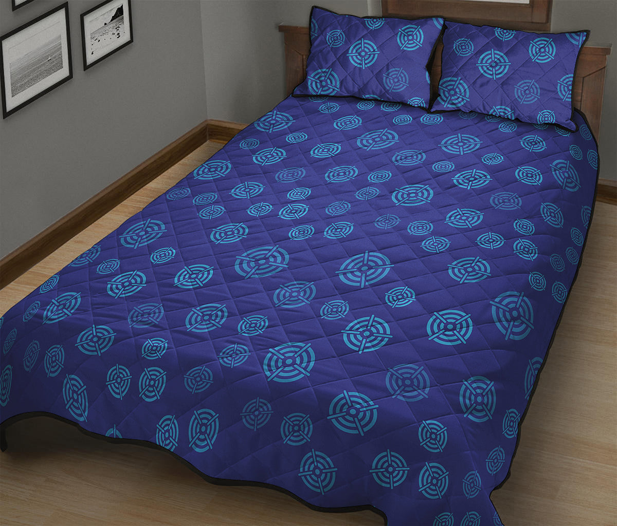 Blue Bullseye Target Pattern Print Quilt Bed Set