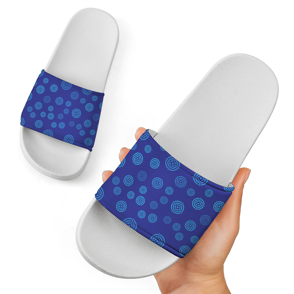 Blue Bullseye Target Pattern Print White Slide Sandals