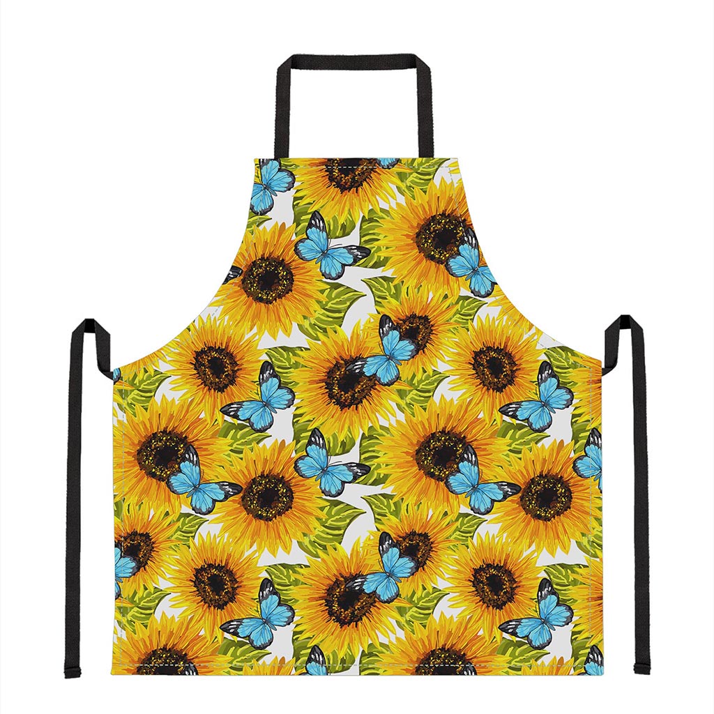 Blue Butterfly Sunflower Pattern Print Apron