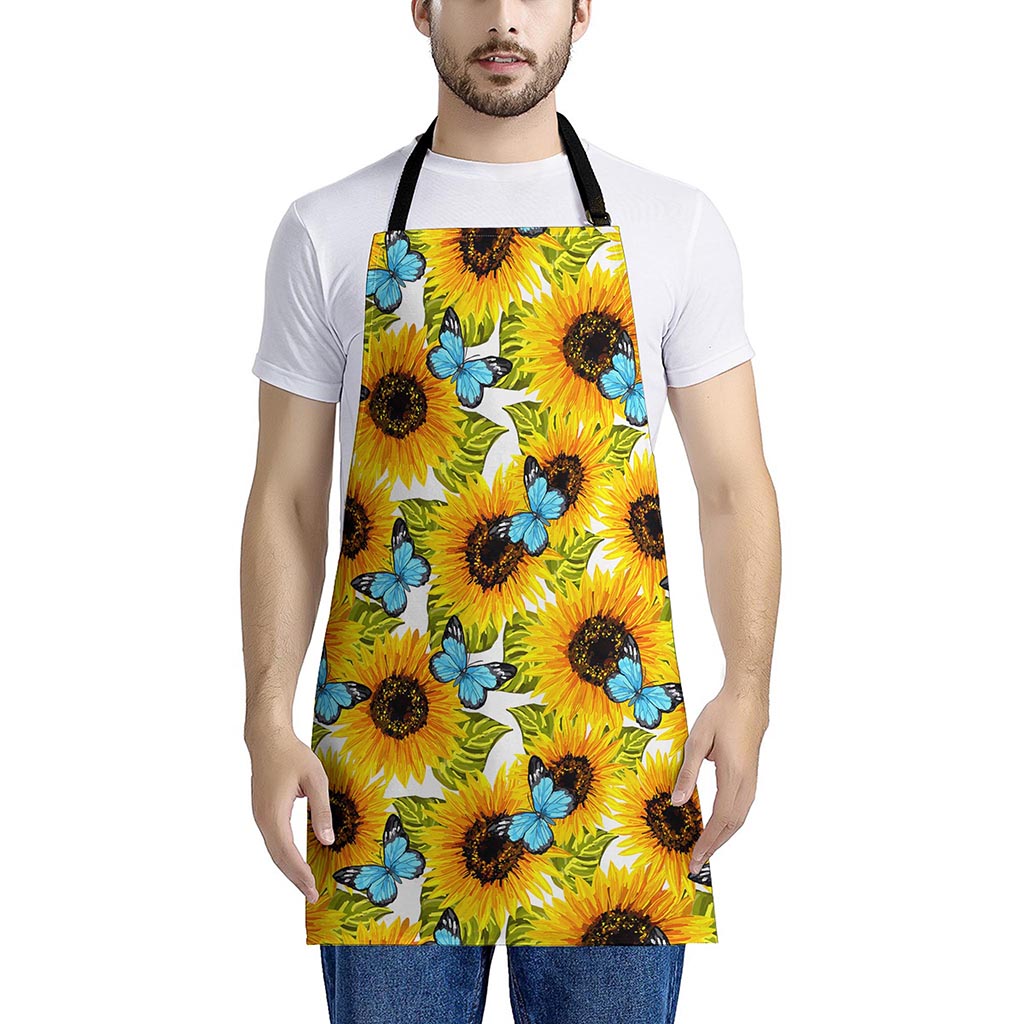 Blue Butterfly Sunflower Pattern Print Apron