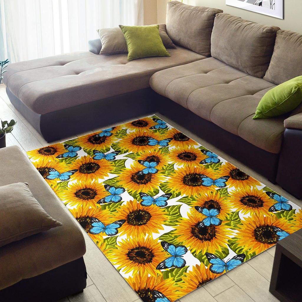 Blue Butterfly Sunflower Pattern Print Area Rug GearFrost
