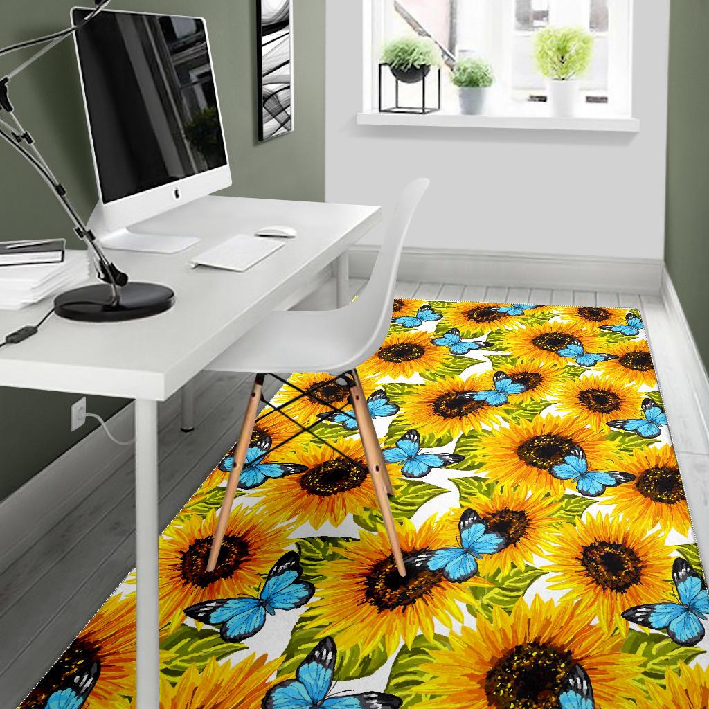 Blue Butterfly Sunflower Pattern Print Area Rug GearFrost