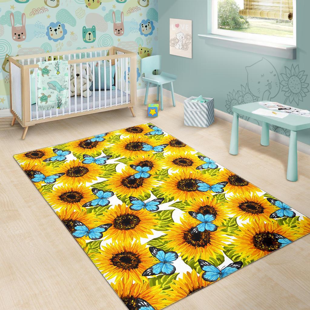 Blue Butterfly Sunflower Pattern Print Area Rug GearFrost