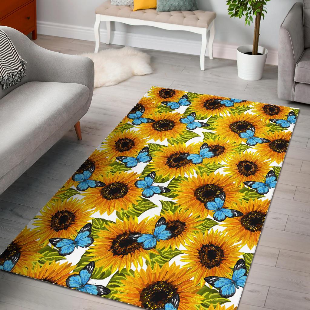 Blue Butterfly Sunflower Pattern Print Area Rug GearFrost