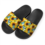 Blue Butterfly Sunflower Pattern Print Black Slide Sandals