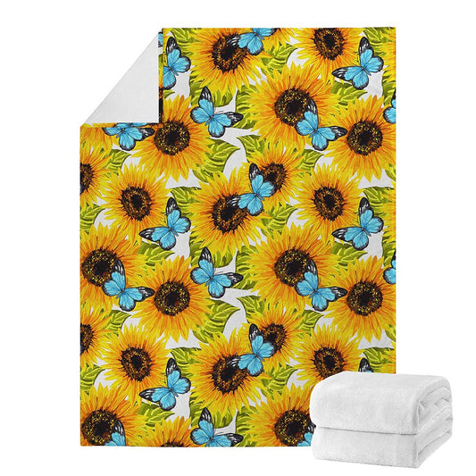 Blue Butterfly Sunflower Pattern Print Blanket
