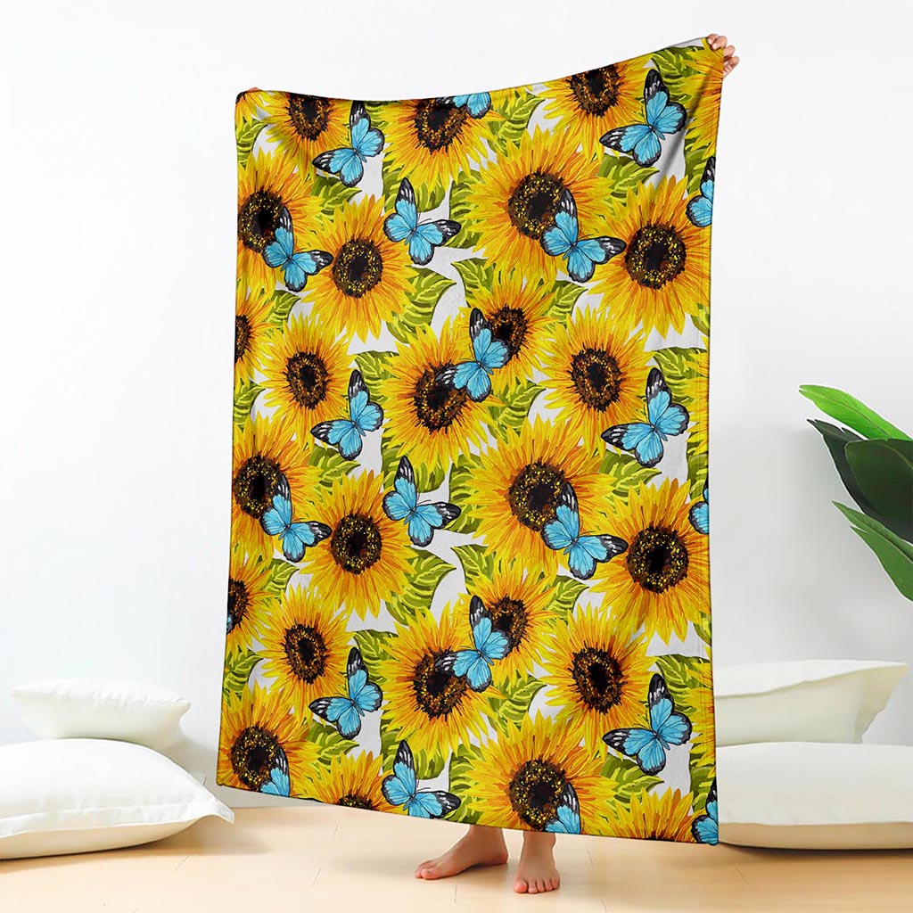 Blue Butterfly Sunflower Pattern Print Blanket