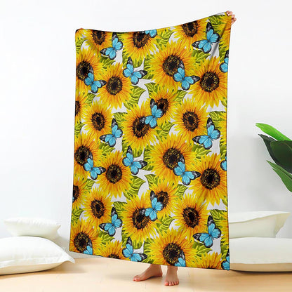 Blue Butterfly Sunflower Pattern Print Blanket