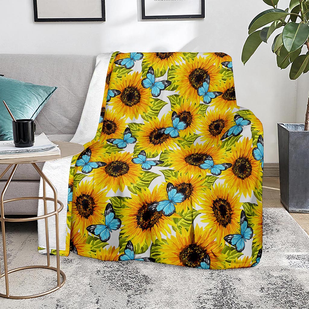 Blue Butterfly Sunflower Pattern Print Blanket