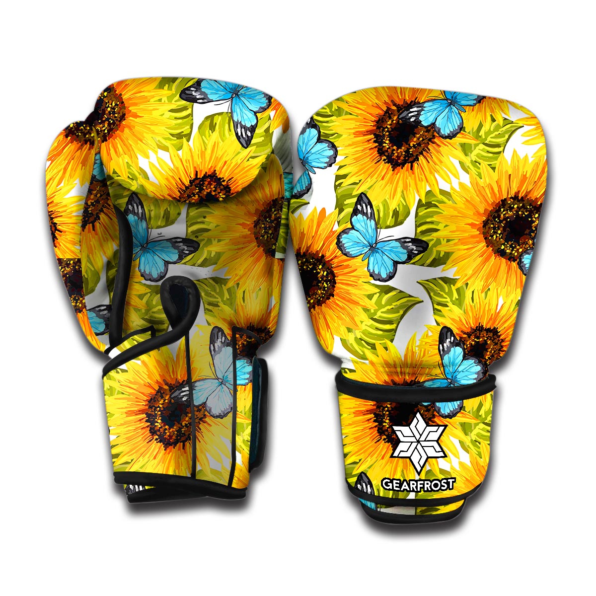 Blue Butterfly Sunflower Pattern Print Boxing Gloves