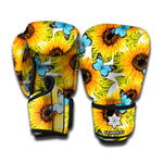 Blue Butterfly Sunflower Pattern Print Boxing Gloves