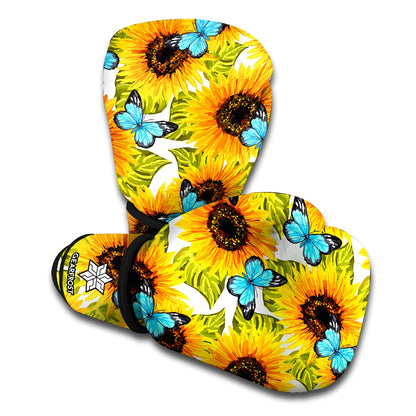 Blue Butterfly Sunflower Pattern Print Boxing Gloves