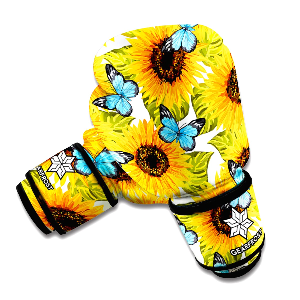 Blue Butterfly Sunflower Pattern Print Boxing Gloves