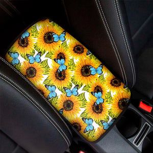 Blue Butterfly Sunflower Pattern Print Car Center Console Cover