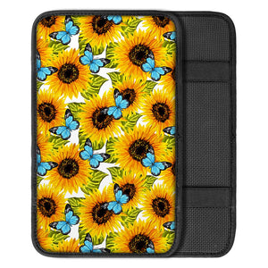 Blue Butterfly Sunflower Pattern Print Car Center Console Cover