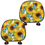 Blue Butterfly Sunflower Pattern Print Car Headrest Covers