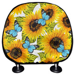 Blue Butterfly Sunflower Pattern Print Car Headrest Covers