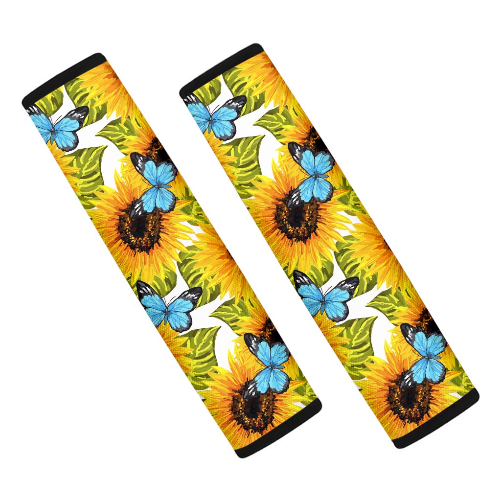 Blue Butterfly Sunflower Pattern Print Car Seat Belt Covers