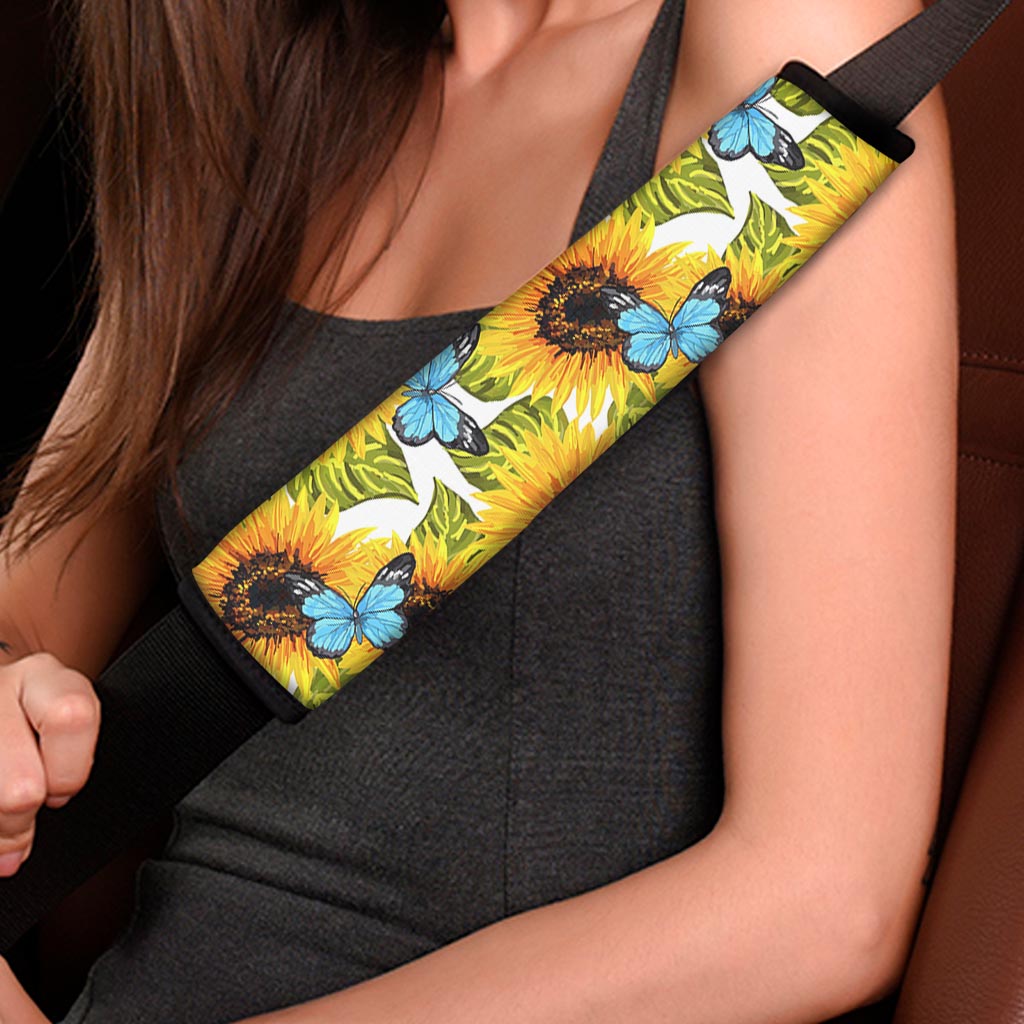 Blue Butterfly Sunflower Pattern Print Car Seat Belt Covers