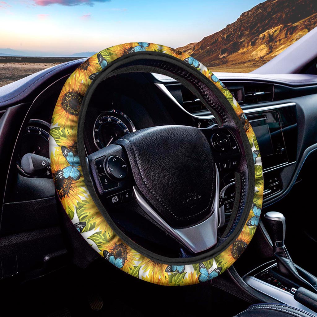 Blue Butterfly Sunflower Pattern Print Car Steering Wheel Cover
