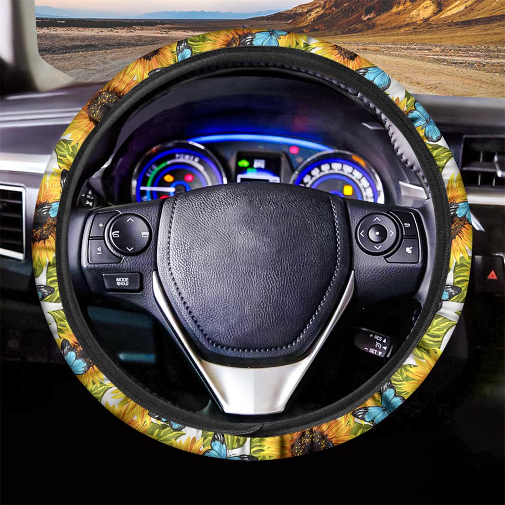 Blue Butterfly Sunflower Pattern Print Car Steering Wheel Cover