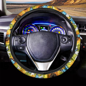 Blue Butterfly Sunflower Pattern Print Car Steering Wheel Cover