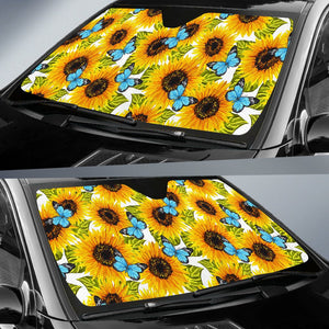 Blue Butterfly Sunflower Pattern Print Car Sun Shade GearFrost