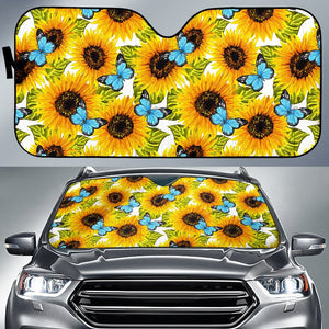 Blue Butterfly Sunflower Pattern Print Car Sun Shade GearFrost